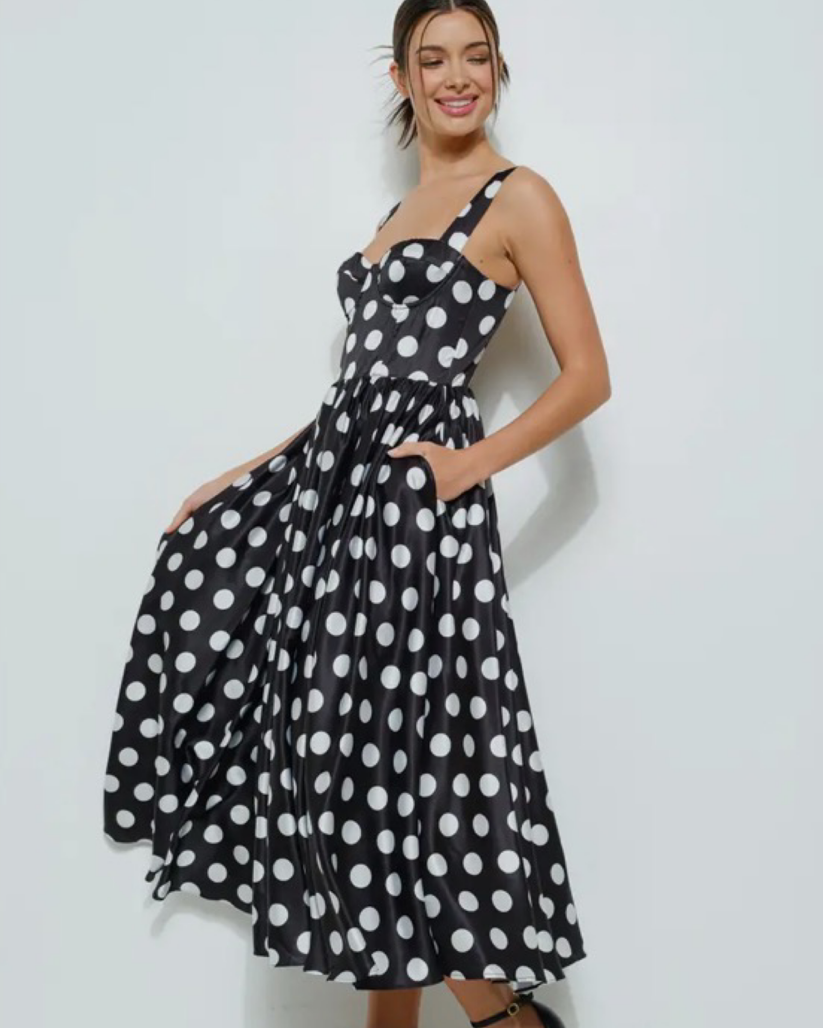 Sweetheart Polka Dot Bustier Midi Dress