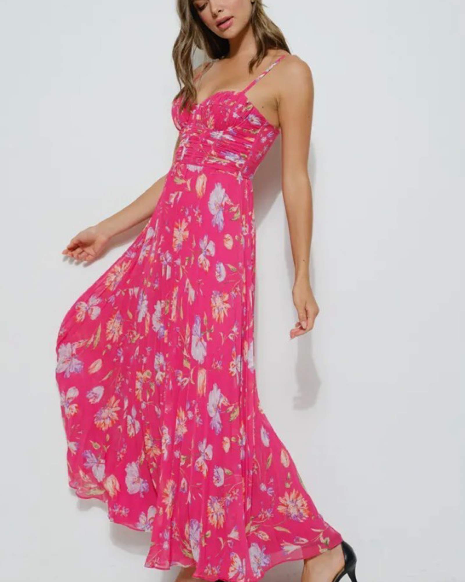 Floral Ruched Bustier Pleated Maxi Dress