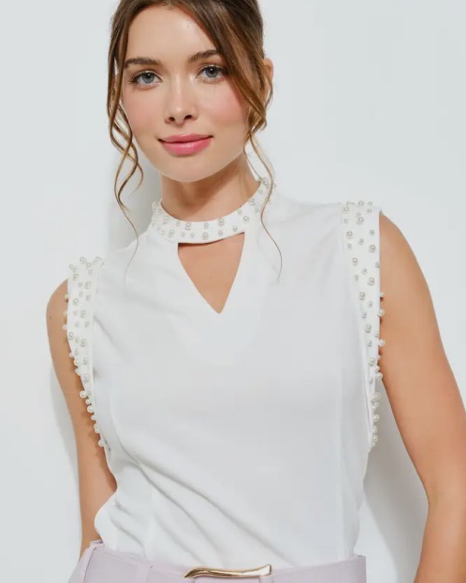 Pearl-Embellished Keyhole Sleeveless top Blouse
