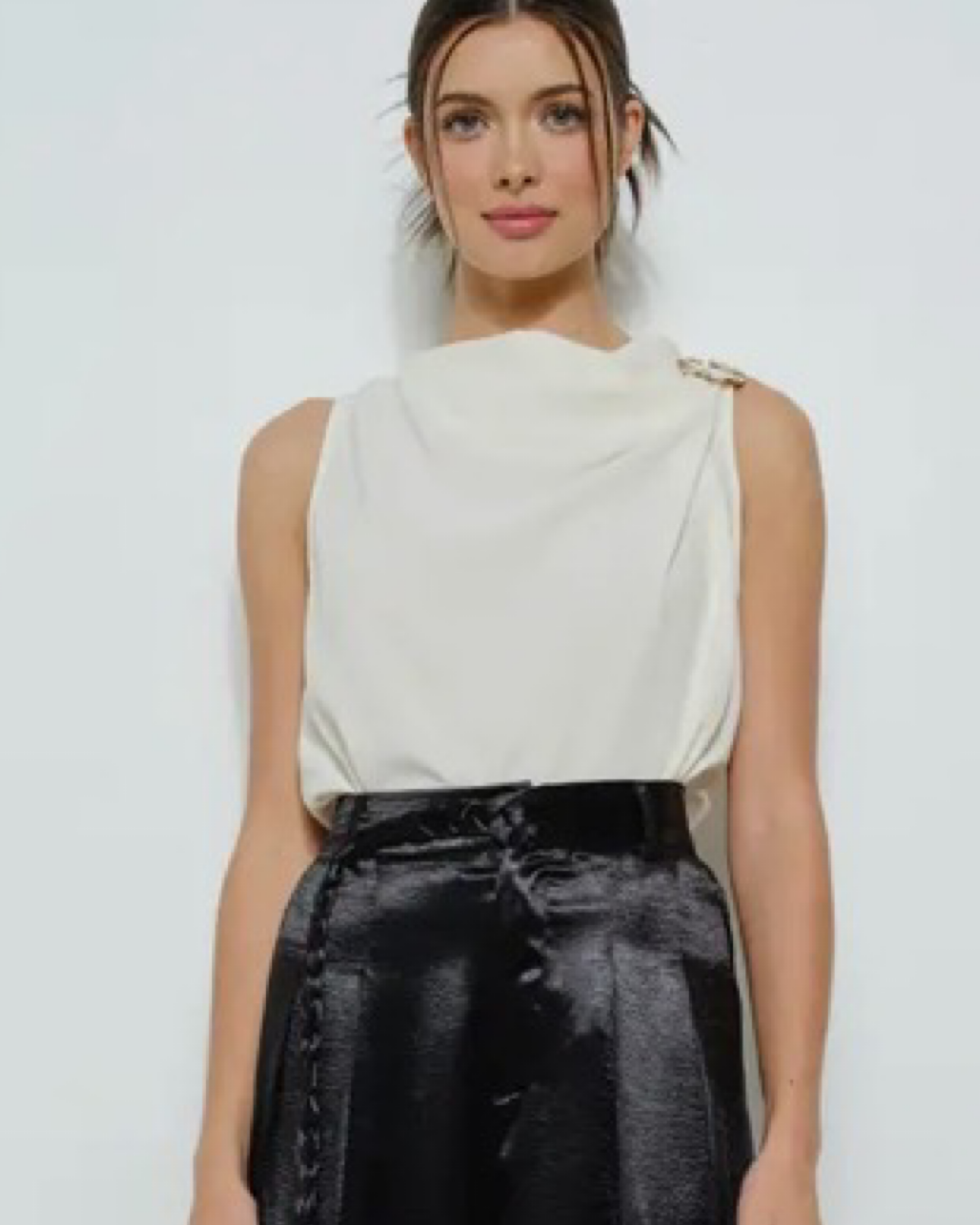 Sleeveless Cowl Neck Gold Ring Appliques Blouse Top