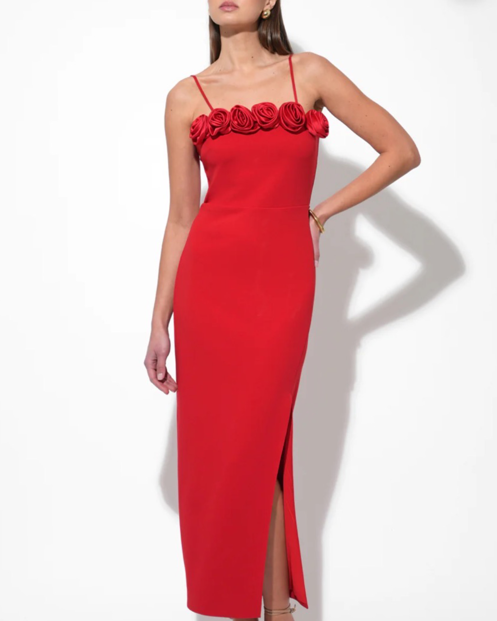 SOLANA ROSETTE STRETCH REMOVABLE STRAPS MIDI DRESS BY ADELYN RAE