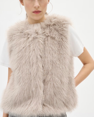 Faux fur vest features a regular fit, sleeveless cut, and round neckline. Perfect for layering, this piece offers a cozy feel and stylish silhouette for versatile outfits.