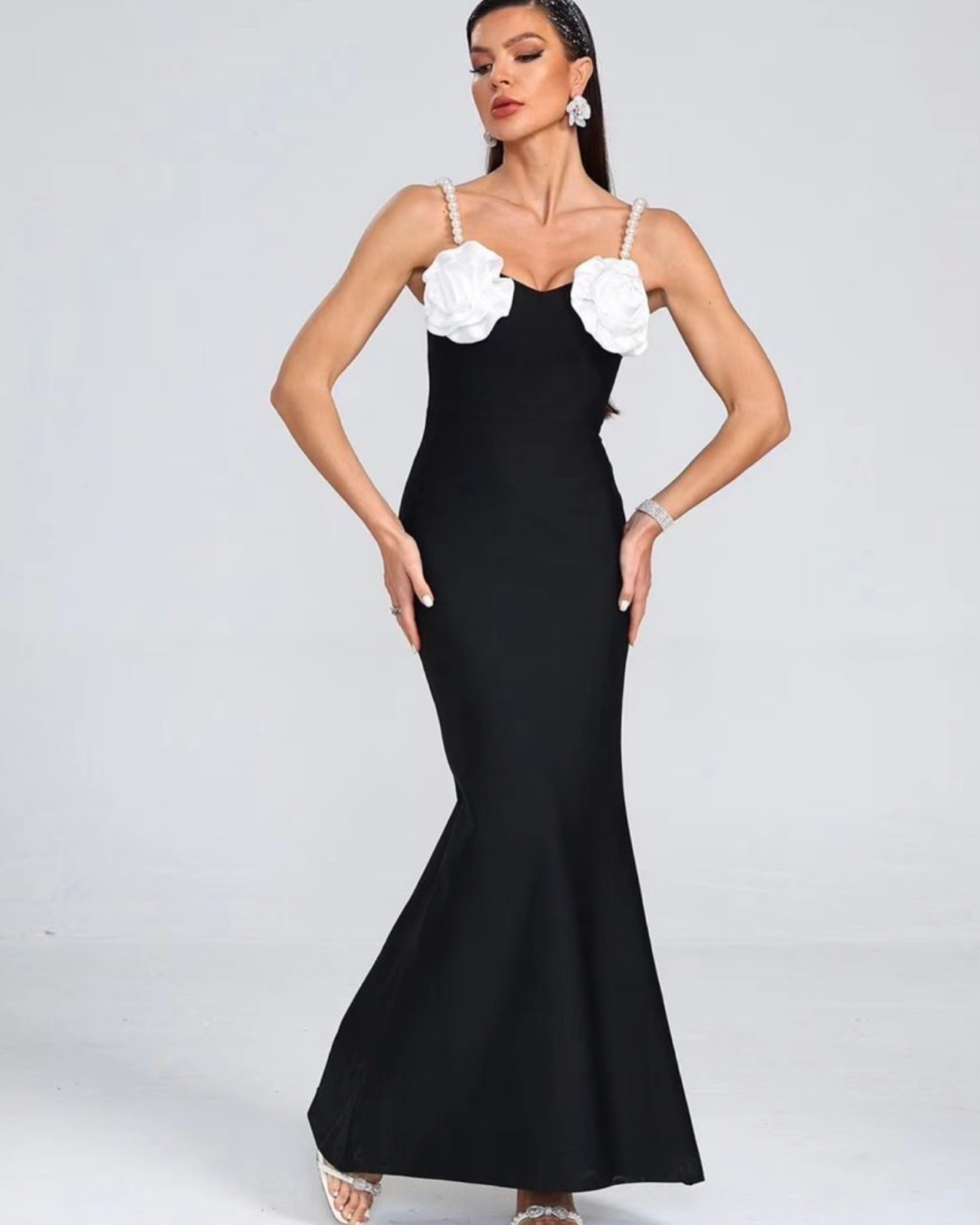 Pearl straps long evening dress