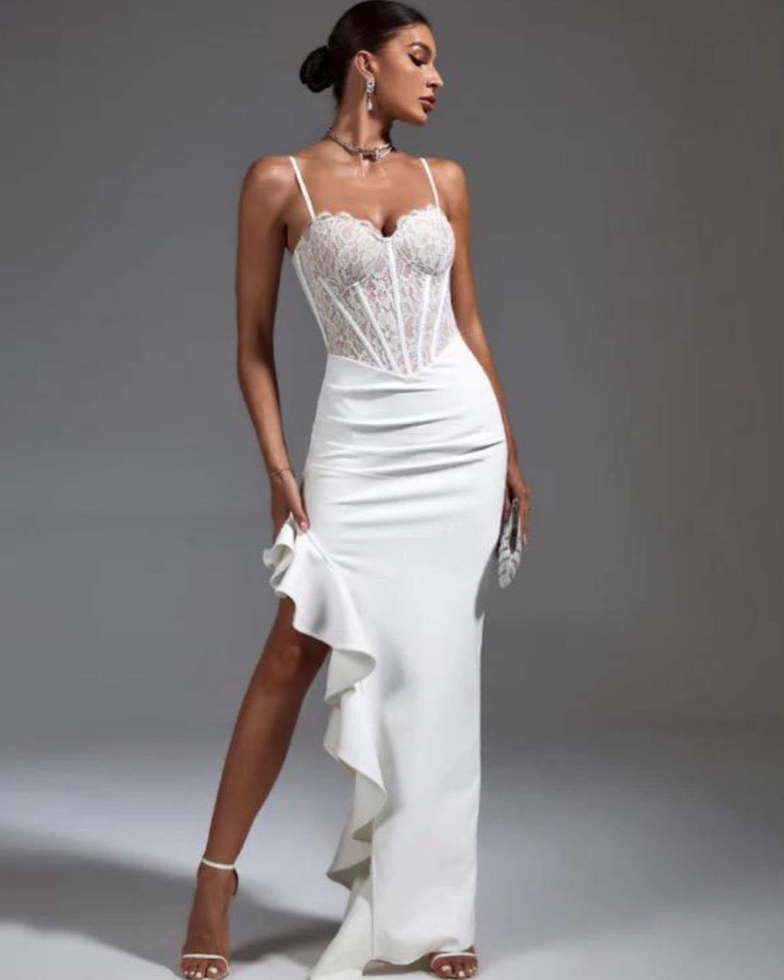 Long white lace top dress