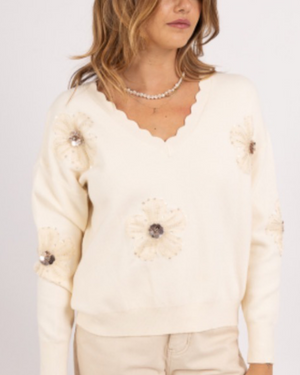 V-Neck flower sweater