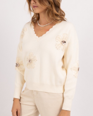 V-Neck flower sweater