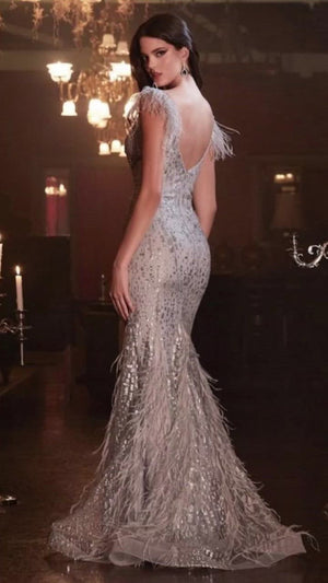 Fitted MERMAID GOWN DRESS WITH FEATHERS