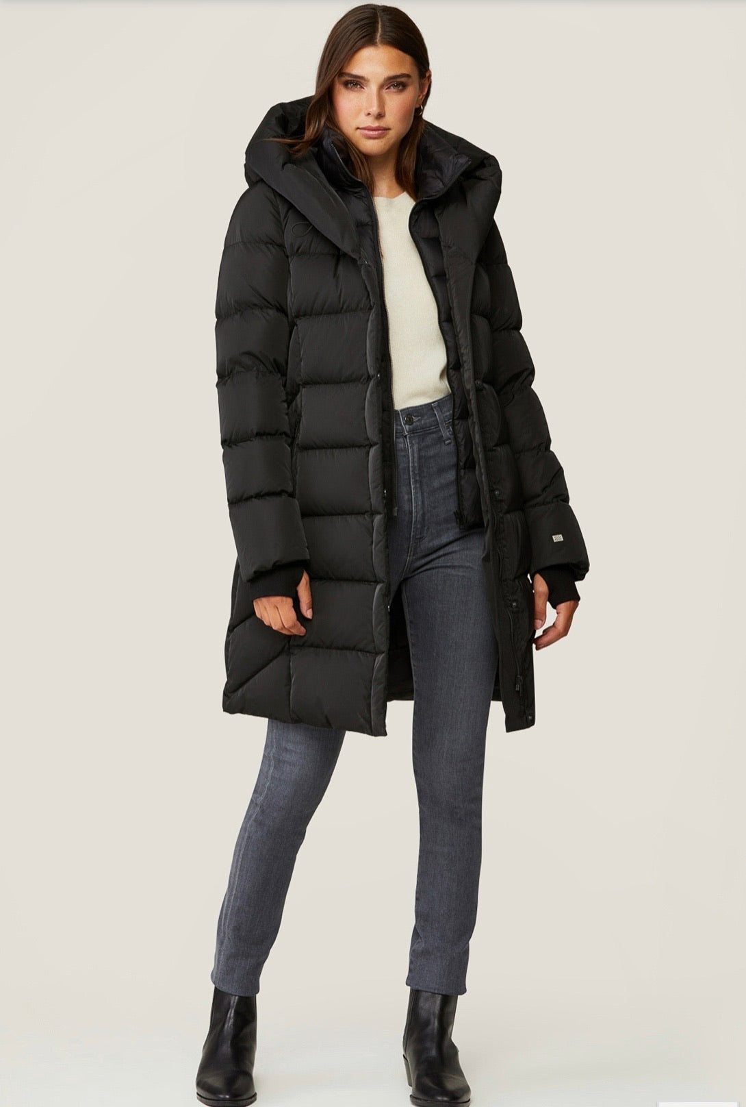 Slim Fit Brushed Down Coat With Leather Trims 