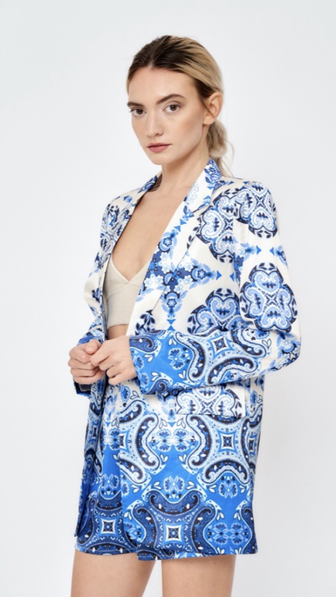 Classic Printed Blue Blazer By Obscur International