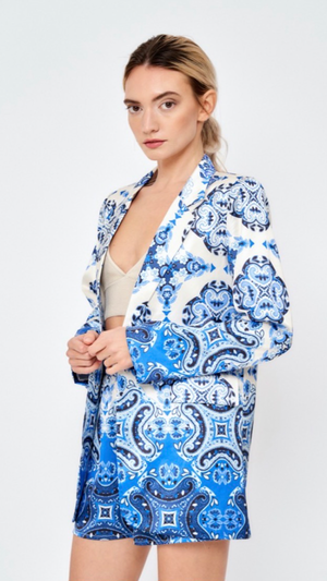Classic Printed Blue Blazer By Obscur International