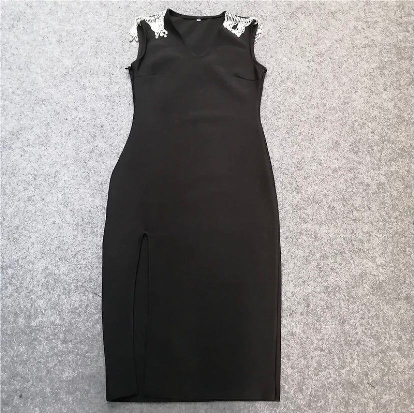 Black Crystal Tassel knee Lenght Elegant Dress by obscur - Obscur international