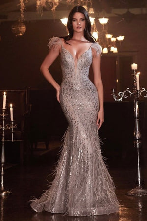 Fitted MERMAID GOWN DRESS WITH FEATHERS - Obscur international